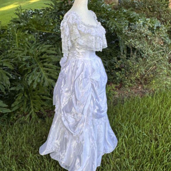 VTG 80’s Jessica McClintock Bridal White Satin Lace Dress-SZ 7  Victorian - Picture 4 of 15